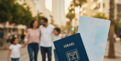 תמונת נושא של המאמר על קבלת אזרחות ישראלית לתושב קבע המציגה ידיים מחזיקות דרכון ישראלי ריק ותעודת זהות כחולה ריקה על רקע משפחה מטיילת ברחוב בעיר