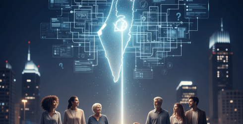 תמונת נושא של המאמר על איך מקבלים אזרחות ישראלית המציגה מפת ישראל זוהרת במרכז, ממנה יוצאת קרן אור לעבר משפחה מגוונת של אנשים מבוגרים וילדים, המהלכים יחדיו. ברקע נראים בנייני עיר מוארים, ומעל מפת ישראל מרחפים סמלים של מידע וסימני שאלה, המרמזים על התהליך הבירוקרטי.