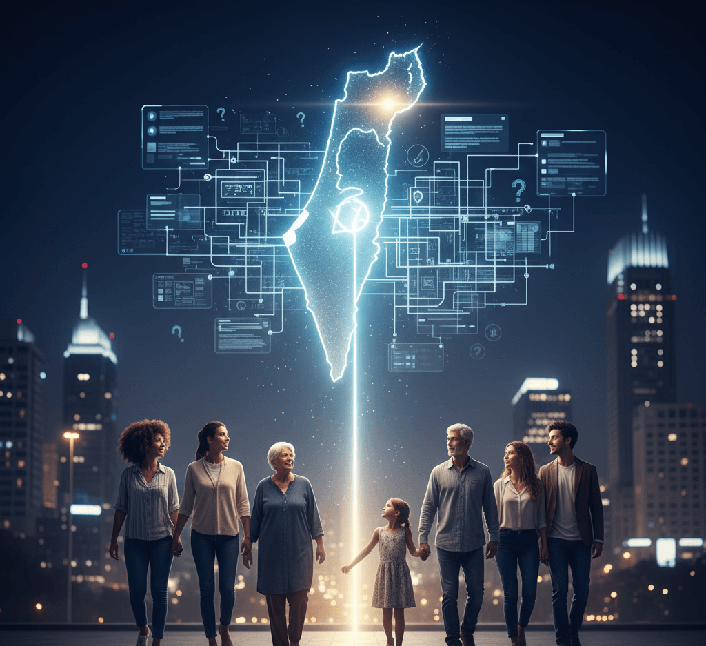 תמונת נושא של המאמר על איך מקבלים אזרחות ישראלית המציגה מפת ישראל זוהרת במרכז, ממנה יוצאת קרן אור לעבר משפחה מגוונת של אנשים מבוגרים וילדים, המהלכים יחדיו. ברקע נראים בנייני עיר מוארים, ומעל מפת ישראל מרחפים סמלים של מידע וסימני שאלה, המרמזים על התהליך הבירוקרטי.