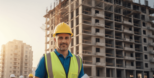 תמונת נושא של המאמר על קבלן רשום ג1 תנאי קבלה המציגה איש מקצוע בתחום הבניה, לבוש באפוד זוהר צהוב וקסדת מגן צהובה, עומד בחזית התמונה ומחזיק תוכניות מגולגלות. ברקע נראה אתר בניה פעיל עם בניין רב קומות בשלבי שלד ובו חלונות פתוחים, ומעליו מנופי ענק תחת שמיים בהירים בשעת בין ערביים. בצד שמאל של התמונה נראית קבוצה קטנה של עובדים נוספים בשיחה, ובקדמת התמונה שולחן ועליו תוכניות פרושות, טאבלט המציג הדמיה של המבנה וקסדה נוספת