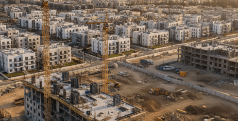 תמונת נושא של המאמר על תהליך רישום קבלן רשום ג5 המציגה מבט אווירי על אתר בנייה פעיל בשעת בין ערביים. במרכז התמונה ניצב בניין מגורים רב-קומות הנמצא בשלבי שלד מתקדמים, כשלידו שני מנופי עגורן צהובים גבוהים. מסביב למבנה פזורים כלי צמ