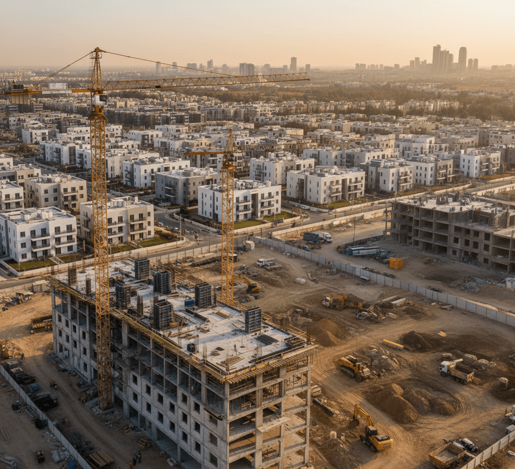 תמונת נושא של המאמר על תהליך רישום קבלן רשום ג5 המציגה מבט אווירי על אתר בנייה פעיל בשעת בין ערביים. במרכז התמונה ניצב בניין מגורים רב-קומות הנמצא בשלבי שלד מתקדמים, כשלידו שני מנופי עגורן צהובים גבוהים. מסביב למבנה פזורים כלי צמ