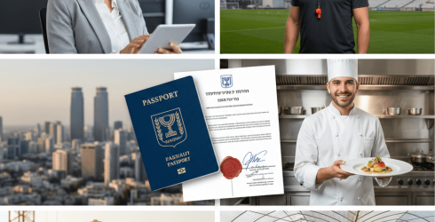 תמונת נושא של המאמר על אשרת עבודה בישראל המציגה קולאז' תמונות של מגוון בעלי מקצוע בישראל סביב סמלים של מעמד רשמי. במרכז הקולאז' מופיעים דרכון ישראלי כחול ומסמך רשמי הנושא את סמל המדינה וחותמת שעווה אדומה, המונחים על רקע נוף אורבני של גורדי שחקים. סביב המרכז מוצגות חמש סצנות עבודה שונות: אשת הייטק מחייכת המשתמשת בטאבלט במשרד מודרני, מאמן ספורט עם משרוקית על רקע אצטדיון כדורגל, שף במדים לבנים המציג מנת גורמה במטבח מקצועי, פועל בניין עם קסדה ואפוד זוהר הבוחן תוכניות באתר בנייה בשקיעה, וחקלאי העובד בחממת גידול ירוקה. התמונה הכוללת משדרת שילוב של תחומי עיסוק מגוונים במשק הישראלי תחת הסדרה חוקית או תהליכי אשרות.