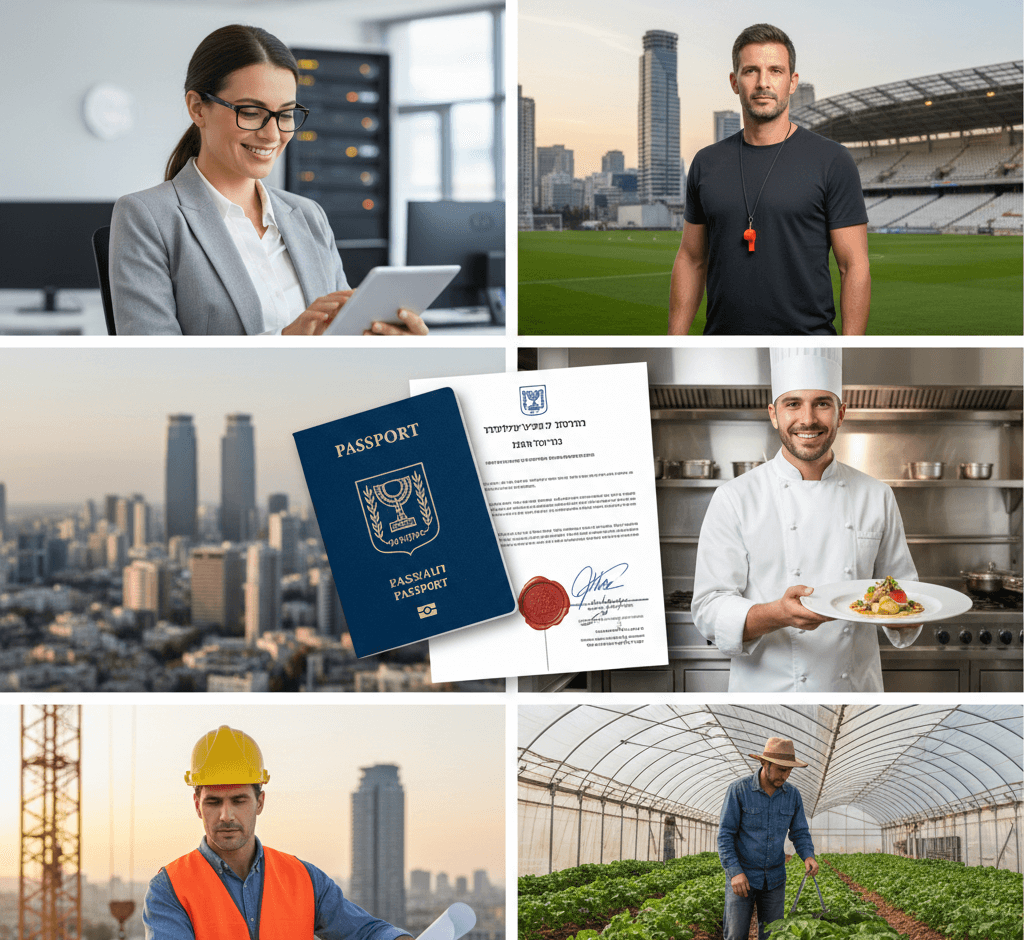 תמונת נושא של המאמר על אשרת עבודה בישראל המציגה קולאז' תמונות של מגוון בעלי מקצוע בישראל סביב סמלים של מעמד רשמי. במרכז הקולאז' מופיעים דרכון ישראלי כחול ומסמך רשמי הנושא את סמל המדינה וחותמת שעווה אדומה, המונחים על רקע נוף אורבני של גורדי שחקים. סביב המרכז מוצגות חמש סצנות עבודה שונות: אשת הייטק מחייכת המשתמשת בטאבלט במשרד מודרני, מאמן ספורט עם משרוקית על רקע אצטדיון כדורגל, שף במדים לבנים המציג מנת גורמה במטבח מקצועי, פועל בניין עם קסדה ואפוד זוהר הבוחן תוכניות באתר בנייה בשקיעה, וחקלאי העובד בחממת גידול ירוקה. התמונה הכוללת משדרת שילוב של תחומי עיסוק מגוונים במשק הישראלי תחת הסדרה חוקית או תהליכי אשרות.