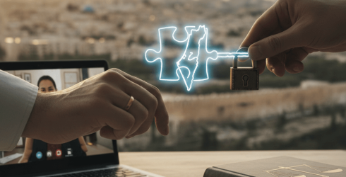 תמונת נושא של המאמר על עורך דין נישואים אזרחיים להסדרת מעמד המציגה שולחן עבודה עמוס בפריטים משפטיים ורשמיים על רקע נוף פנורמי של ירושלים בשעת שקיעה. על השולחן מונחים ספר חוקים עבה עם סמל מאזני צדק מוזהב, דרכון כחול עם סמל המנורה, תעודות רשמיות ונוצה לכתיבה. בחלק המטושטש של השולחן נראה מחשב נייד פתוח המציג שיחת וידאו. מעל השולחן מרחף איור ניאון זוהר בצורת חתיכת פאזל שבתוכה מפת ישראל, כשיד אחת אוחזת במנעול המחובר לפאזל בקו אור. התמונה מסמלת פתרונות משפטיים, הסדרת מעמד וקשר בין טכנולוגיה למסורת ובירוקרטיה.