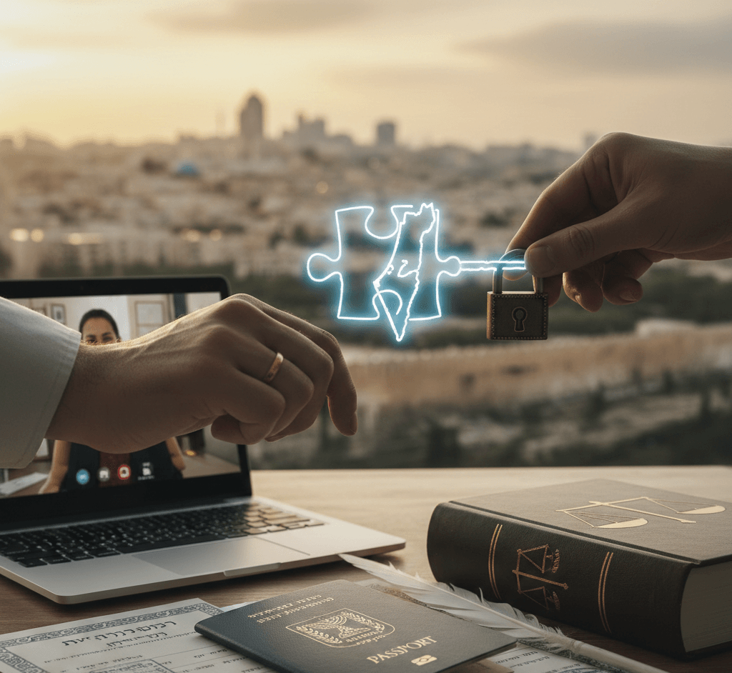 תמונת נושא של המאמר על עורך דין נישואים אזרחיים להסדרת מעמד המציגה שולחן עבודה עמוס בפריטים משפטיים ורשמיים על רקע נוף פנורמי של ירושלים בשעת שקיעה. על השולחן מונחים ספר חוקים עבה עם סמל מאזני צדק מוזהב, דרכון כחול עם סמל המנורה, תעודות רשמיות ונוצה לכתיבה. בחלק המטושטש של השולחן נראה מחשב נייד פתוח המציג שיחת וידאו. מעל השולחן מרחף איור ניאון זוהר בצורת חתיכת פאזל שבתוכה מפת ישראל, כשיד אחת אוחזת במנעול המחובר לפאזל בקו אור. התמונה מסמלת פתרונות משפטיים, הסדרת מעמד וקשר בין טכנולוגיה למסורת ובירוקרטיה.