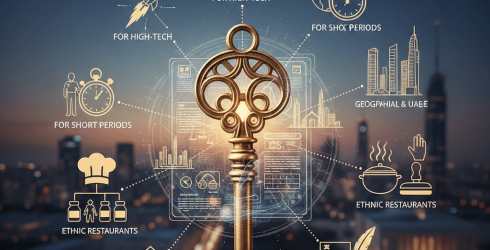 תמונת נושא של המאמר על עורך דין עובדים זרים המציגה מפתח זהב גדול ומעוטר העומד במרכז על רקע מטושטש של עיר מוארת בלילה. מסביב למפתח פרושים אייקונים מוזהבים המחוברים אליו בקווים דקיקים ומייצגים תחומים שונים הכוללים הייטק, מסעדות אתניות, הגנה משפטית, ערעור ואפוסטיל. המפתח ממוקם מעל שרטוט טכני עדין וזוהר, והשילוב בין האלמנטים משדר תחושה של פתרון כולל, מומחיות ופתיחת דלתות להזדמנויות עסקיות ומשפטיות מגוונות.