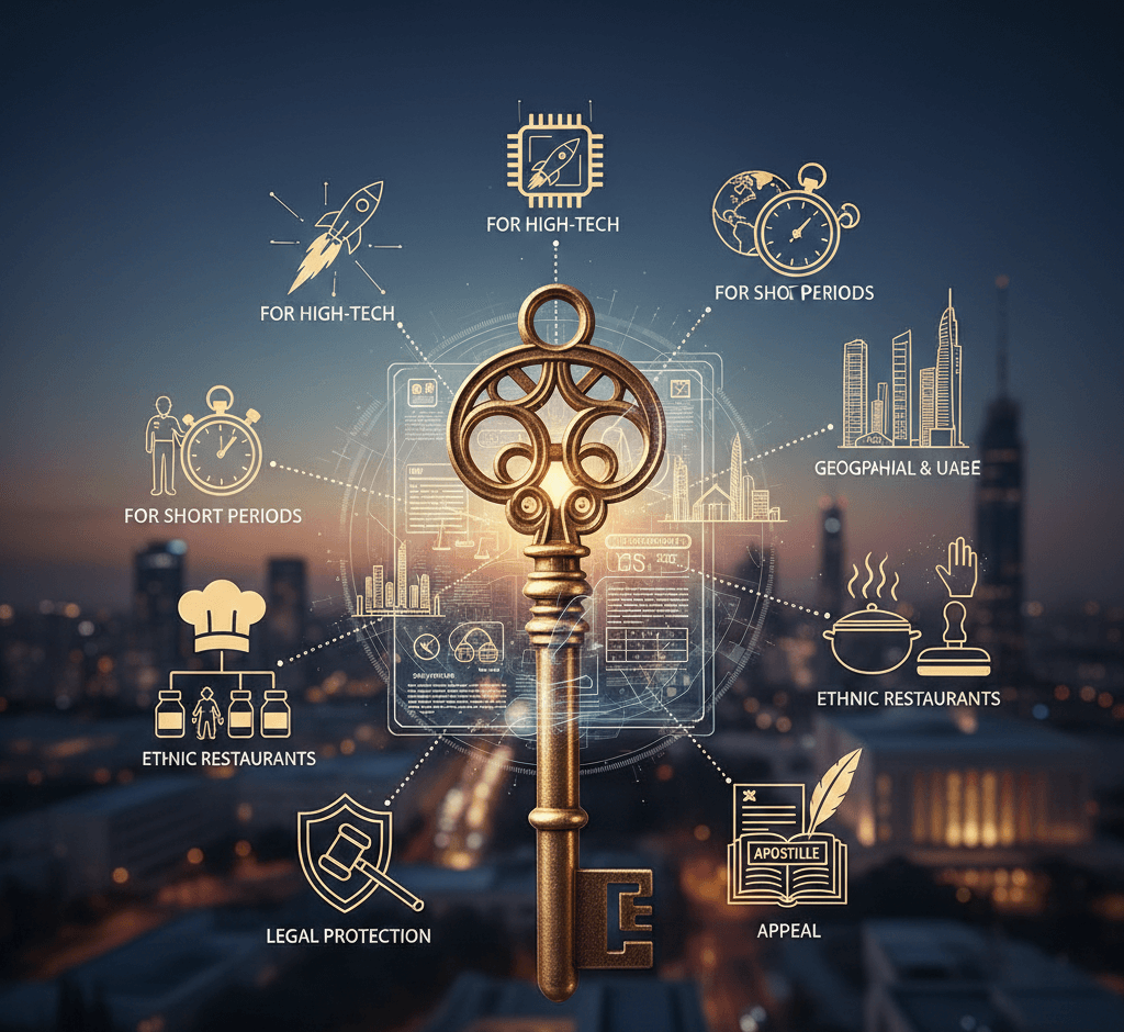 תמונת נושא של המאמר על עורך דין עובדים זרים המציגה מפתח זהב גדול ומעוטר העומד במרכז על רקע מטושטש של עיר מוארת בלילה. מסביב למפתח פרושים אייקונים מוזהבים המחוברים אליו בקווים דקיקים ומייצגים תחומים שונים הכוללים הייטק, מסעדות אתניות, הגנה משפטית, ערעור ואפוסטיל. המפתח ממוקם מעל שרטוט טכני עדין וזוהר, והשילוב בין האלמנטים משדר תחושה של פתרון כולל, מומחיות ופתיחת דלתות להזדמנויות עסקיות ומשפטיות מגוונות.