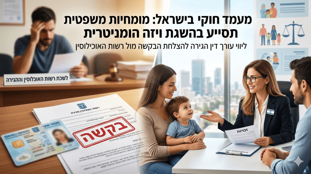 תמונה פרסומית המורכבת משני חלקים הממחישים את תהליך הוצאת ויזה הומניטרית כאשר בצד שמאל נראה אדם מוטרד בלשכת רשות האוכלוסין וההגירה מול טפסים ותעודת זהות ישראלית עם חותמת אדומה גדולה של המילה בקשה ובצד ימין נראית עורכת דין מחייכת המעניקה ייעוץ משפטי למשפחה צעירה עם ילד בחדר ישיבות מודרני המשקיף על העיר. בראש התמונה מופיע כיתוב בולט בעברית העוסק במומחיות משפטית להשגת ויזה הומניטרית וליווי מול רשות האוכלוסין לצד איורים גרפיים של מאזני צדק ודמויות משפחה המסמלים זכויות והגירה.
