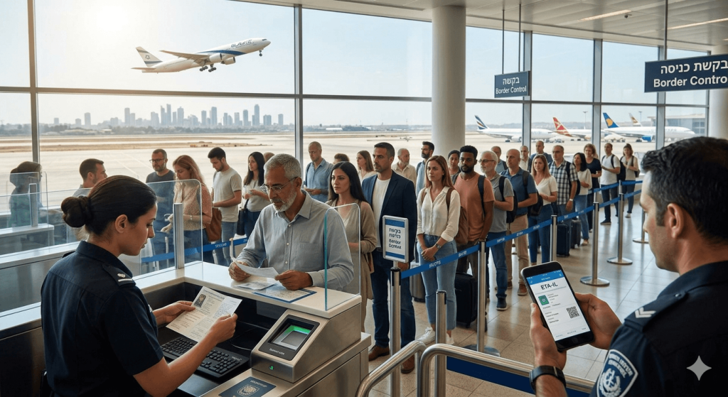 תמונת נושא של המאמר מי צריך אשרת כניסה לישראל המציגה תור של נוסעים הממתינים לביקורת גבולות בנמל תעופה מודרני מול חלונות גדולים המשקיפים על מסלולי המראה וקו רקיע של עיר רחוקה. בקדמת התמונה נראית קצינת ביקורת גבולות במדים כחולים בוחנת מסמך של נוסע מבוגר, בעוד שמימין מופיע איש ביטחון המחזיק טלפון חכם המציג אישור כניסה דיגיטלי עם הכיתוב אי טי איי ישראל וקוד סריקה. באולם תלויים שלטים בעברית ובאנגלית המכוונים לביקורת הגבולות, וברקע נראה מטוס הממריא אל השמיים הבהירים לצד מטוסים נוספים החונים על הקרקע.