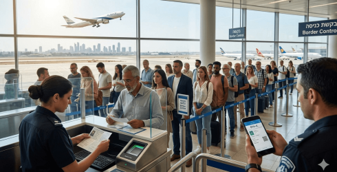 תמונת נושא של המאמר מי צריך אשרת כניסה לישראל המציגה תור של נוסעים הממתינים לביקורת גבולות בנמל תעופה מודרני מול חלונות גדולים המשקיפים על מסלולי המראה וקו רקיע של עיר רחוקה. בקדמת התמונה נראית קצינת ביקורת גבולות במדים כחולים בוחנת מסמך של נוסע מבוגר, בעוד שמימין מופיע איש ביטחון המחזיק טלפון חכם המציג אישור כניסה דיגיטלי עם הכיתוב אי טי איי ישראל וקוד סריקה. באולם תלויים שלטים בעברית ובאנגלית המכוונים לביקורת הגבולות, וברקע נראה מטוס הממריא אל השמיים הבהירים לצד מטוסים נוספים החונים על הקרקע.