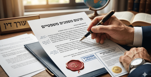 תקריב של יד גברית האוחזת בעט נובע יוקרתי וחותמת על מסמך משפטי הכתוב בעברית, תחת הכותרת 