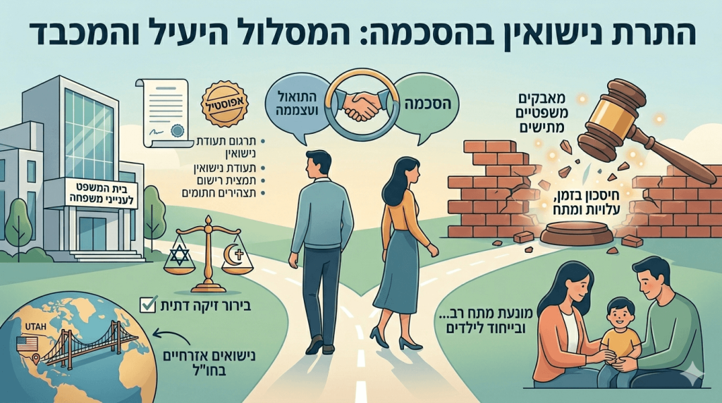 אינפוגרפיקה מאוירת בכותרת התרת נישואין בהסכמה המסלול היעיל והמכבד המציגה שני נתיבים אפשריים לפרידה בין גבר לאישה. במרכז התמונה גבר ואישה הולכים יחד לעבר שביל המתפצל לשניים כאשר מעליהם איור של לחיצת יד בתוך עיגול עם