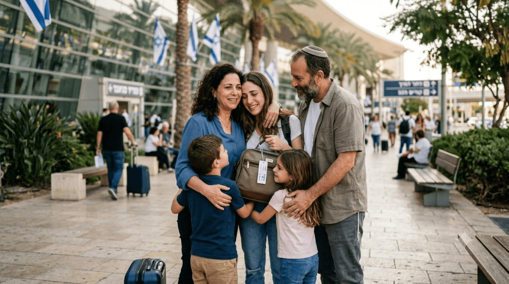 משפחה יהודית מרובת דורות מחובקת בהתרגשות בכניסה לטרמינל שדה תעופה עם מזוודות ואווירה חגיגית עם דגלי ישראל ברקע כשהם מתאחדים לאחר מסע משפטי ממושך של איחוד משפחות בהדרכת עורך דין איחוד משפחות מנוסה שהוביל לתוצאה המוצלחת