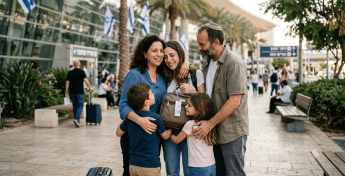 משפחה יהודית מרובת דורות מחובקת בהתרגשות בכניסה לטרמינל שדה תעופה עם מזוודות ואווירה חגיגית עם דגלי ישראל ברקע כשהם מתאחדים לאחר מסע משפטי ממושך של איחוד משפחות בהדרכת עורך דין איחוד משפחות מנוסה שהוביל לתוצאה המוצלחת