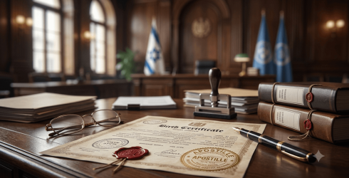 תמונה המציגה מסמך רשמי של תעודת לידה עם אפוסטיל המונח על גבי שולחן עבודה משרדי לצד עט נובע יוקרתי וחותמת רשמית. האישור הבינלאומי מוצמד לחלקו האחורי של המסמך וכולל את החותמות הרשמיות והחתימות הנדרשות לצורך אימות המעמד המשפטי של התעודה מחוץ לגבולות המדינה.