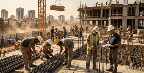 תמונה פנורמית רחבה של אתר בנייה פעיל ועמוס במרכז עירוני בשעות היום כאשר פועלים רבים לבושים בבגדי עבודה וחובשים קסדות מגן נראים מבצעים מגוון עבודות שונות במקביל כגון קשירת ברזלים יציקות בטון ועבודות על פיגומים על רקע בנייני מגורים רבי קומות ועגורן צהוב גדול המרים מטען מעץ כאשר נוכחות המנהל עם הטאבלט בוחן את העבודות מחזקת את הצורך בבחינת חוקיות תעסוקת הפועלים ומונעת מצבים של העסקת עובד זר ללא היתר.