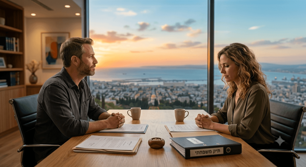 גבר ואישה יושבים זה מול זו סביב שולחן עץ במשרד עורך דין מודרני מול חלון פנורמי המשקיף על נמל חיפה בזריחה הם מביטים במסמכים וספרי משפט הכוללים את המילים 