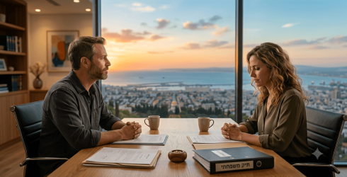 גבר ואישה יושבים זה מול זו סביב שולחן עץ במשרד עורך דין מודרני מול חלון פנורמי המשקיף על נמל חיפה בזריחה הם מביטים במסמכים וספרי משפט הכוללים את המילים 
