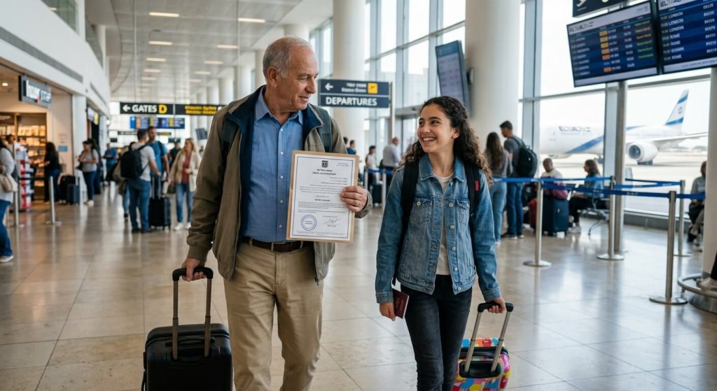 איור של סבא וילד האוחזים ידיים בשדה התעופה לצד דרכונים ומסמכים חתומים הממחישים תהליך הנפקת אישור יציאה מהארץ לקטין עם סבא לטיסה לחוץ לארץ.