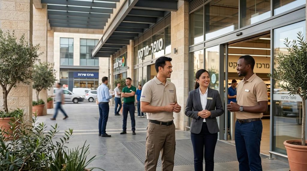 צילום הממחיש הקצאת עובדים זרים למסחר ושירותים– שלושה עובדים זרים בלבוש ייצוגי משוחחים בכניסה למרכז מסחרי מודרני בישראל, שעל חזיתו שלטים בעברית כמו 