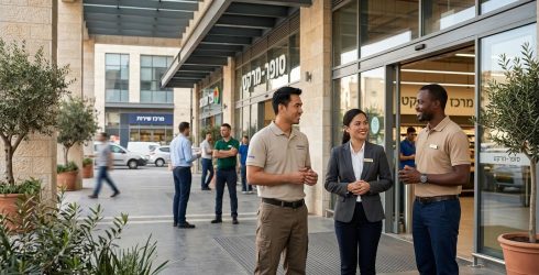 צילום הממחיש הקצאת עובדים זרים למסחר ושירותים– שלושה עובדים זרים בלבוש ייצוגי משוחחים בכניסה למרכז מסחרי מודרני בישראל, שעל חזיתו שלטים בעברית כמו 